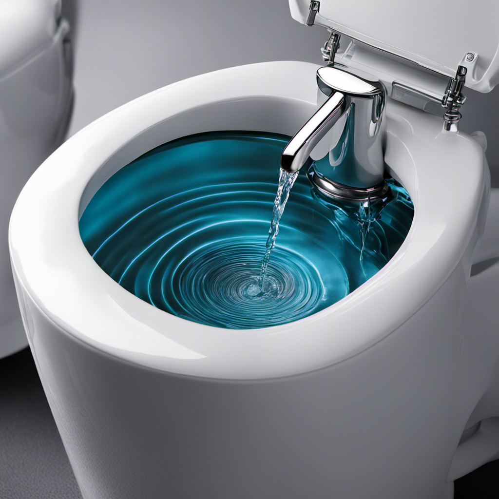An image showcasing a close-up view of a toilet tank, the water running in with a whistle-like sound