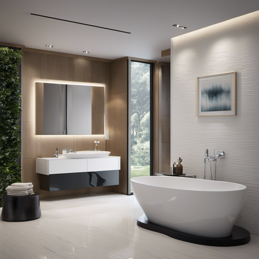 An image showcasing a modern bathroom with a sleek, white toilet