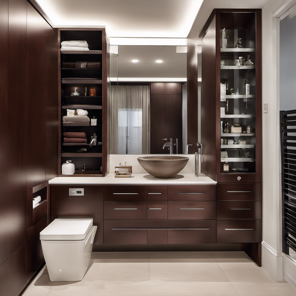 An image showcasing a modern bathroom with sleek, floor-to-ceiling cabinets in rich mahogany finish, featuring soft-close drawers, integrated lighting, and mirrored doors, offering ample storage space for a stylish and organized bathroom