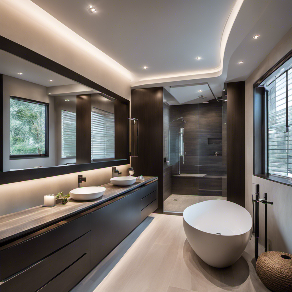 An image showcasing a modern bathroom with sleek fixtures and a stylish exhaust fan mounted on the ceiling
