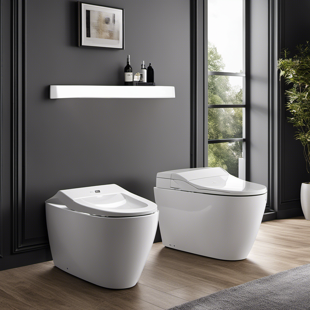 An image showcasing a luxurious bathroom with a bidet toilet seat featuring a sleek design, remote control, customizable water pressure, warm air dryer, night light, and an intuitive control panel