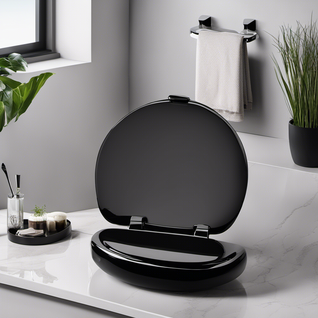 An image showcasing a sleek and glossy black toilet seat, elegantly complementing a modern bathroom