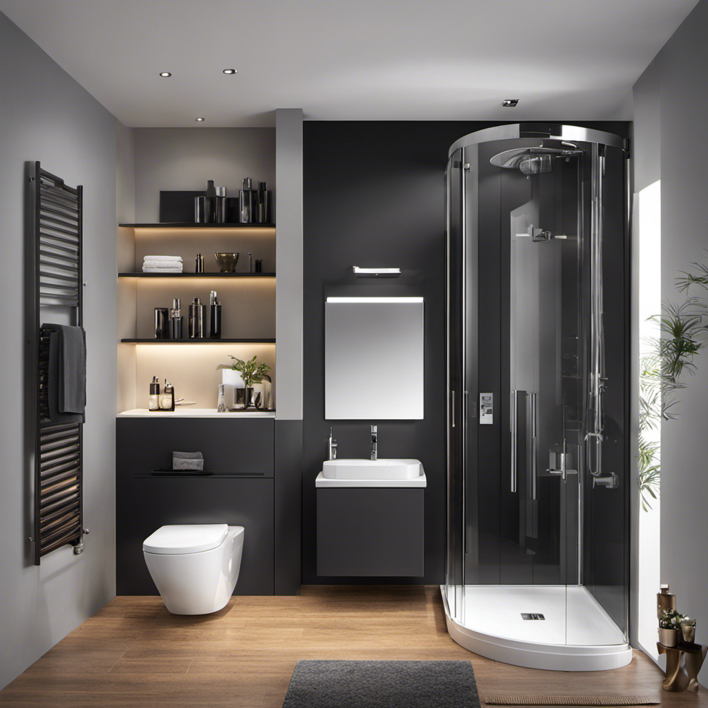 An image showcasing a small, sleek bathroom with limited space