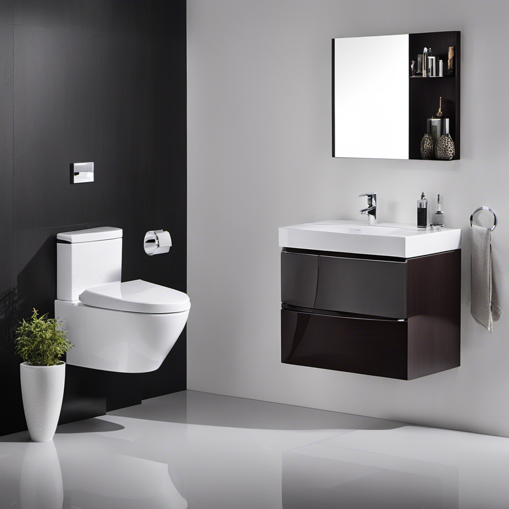 An image showcasing a modern bathroom with a sleek, wall-mounted toilet