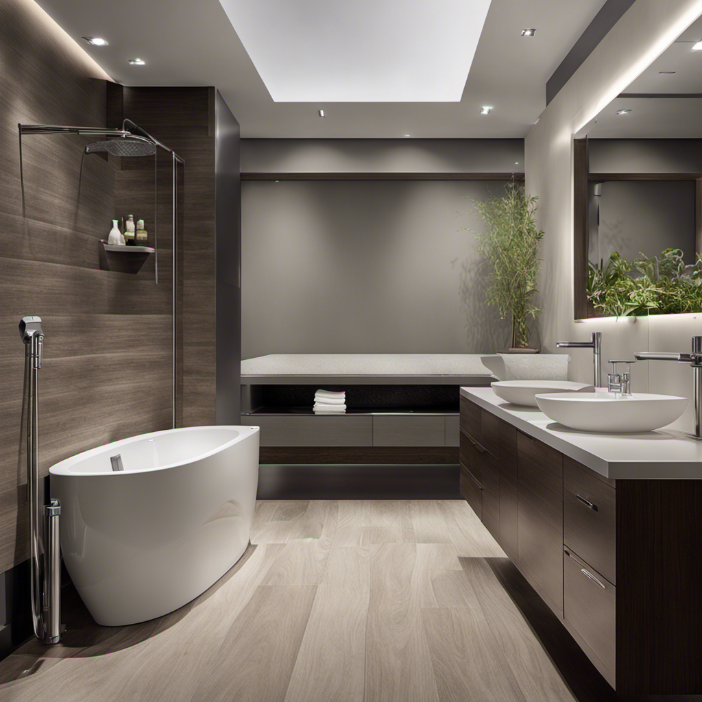 An image showcasing a luxurious bathroom with a sleek, modern high toilet featuring comfortable ergonomic design, efficient water-saving technology, and ADA-compliant features like elevated seat height and easy-to-reach flush controls