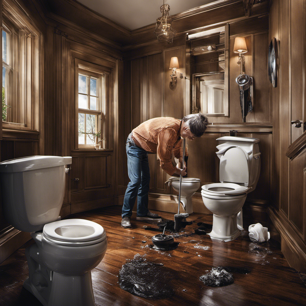 An image featuring a frustrated homeowner holding a plunger while staring at a clogged toilet