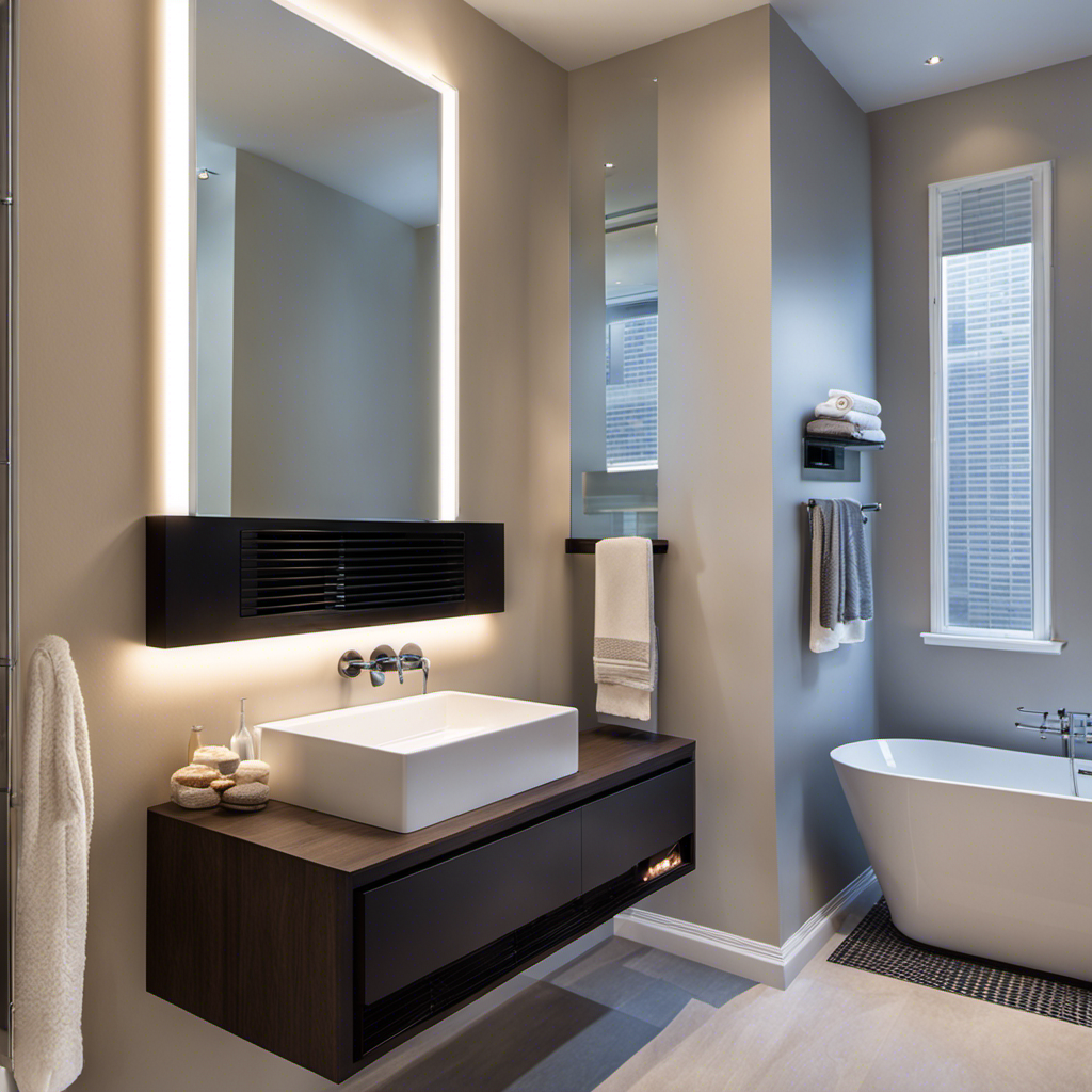 An image showcasing bathroom heaters, featuring a sleek wall-mounted model emitting gentle warmth, contrasting with a compact portable heater placed on a vanity countertop, surrounded by steamy mirrors and fluffy towels for a cozy ambiance
