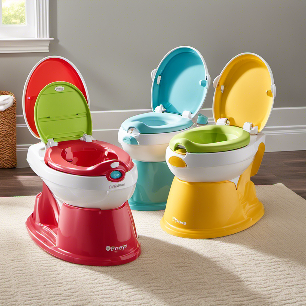 An image showcasing three colorful potty training toilets side by side: Summer Infant, Fisher-Price, and Foryee