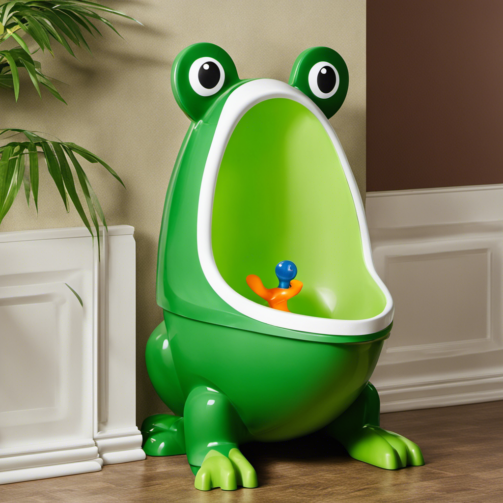  Create an image showcasing the Foryee Frog Shaped Training Urinal, featuring a charming green frog design with a removable urinal bowl, adjustable height, and a splash guard, highlighting its affordability for budget-conscious parents