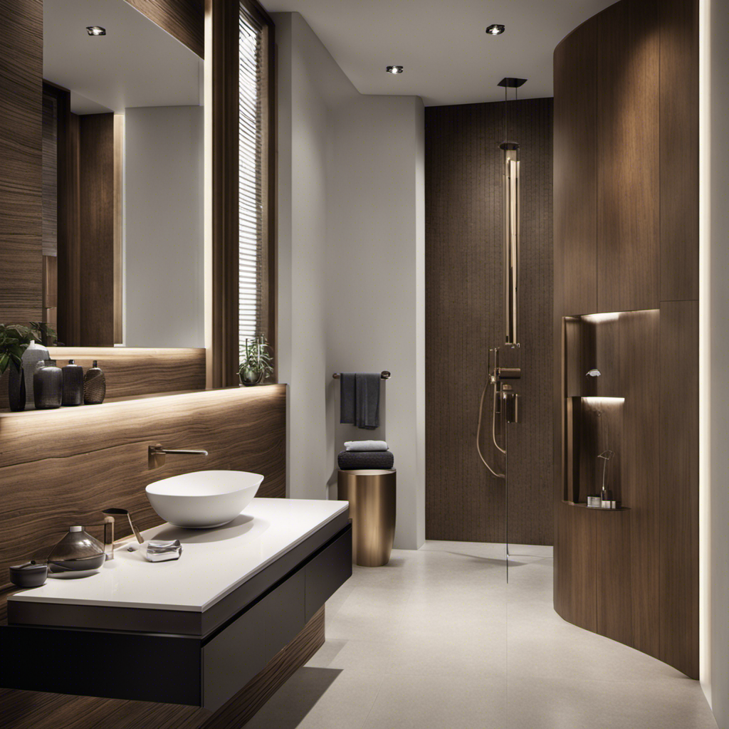An image showcasing a modern bathroom with a sleek wall-mounted toilet as the focal point