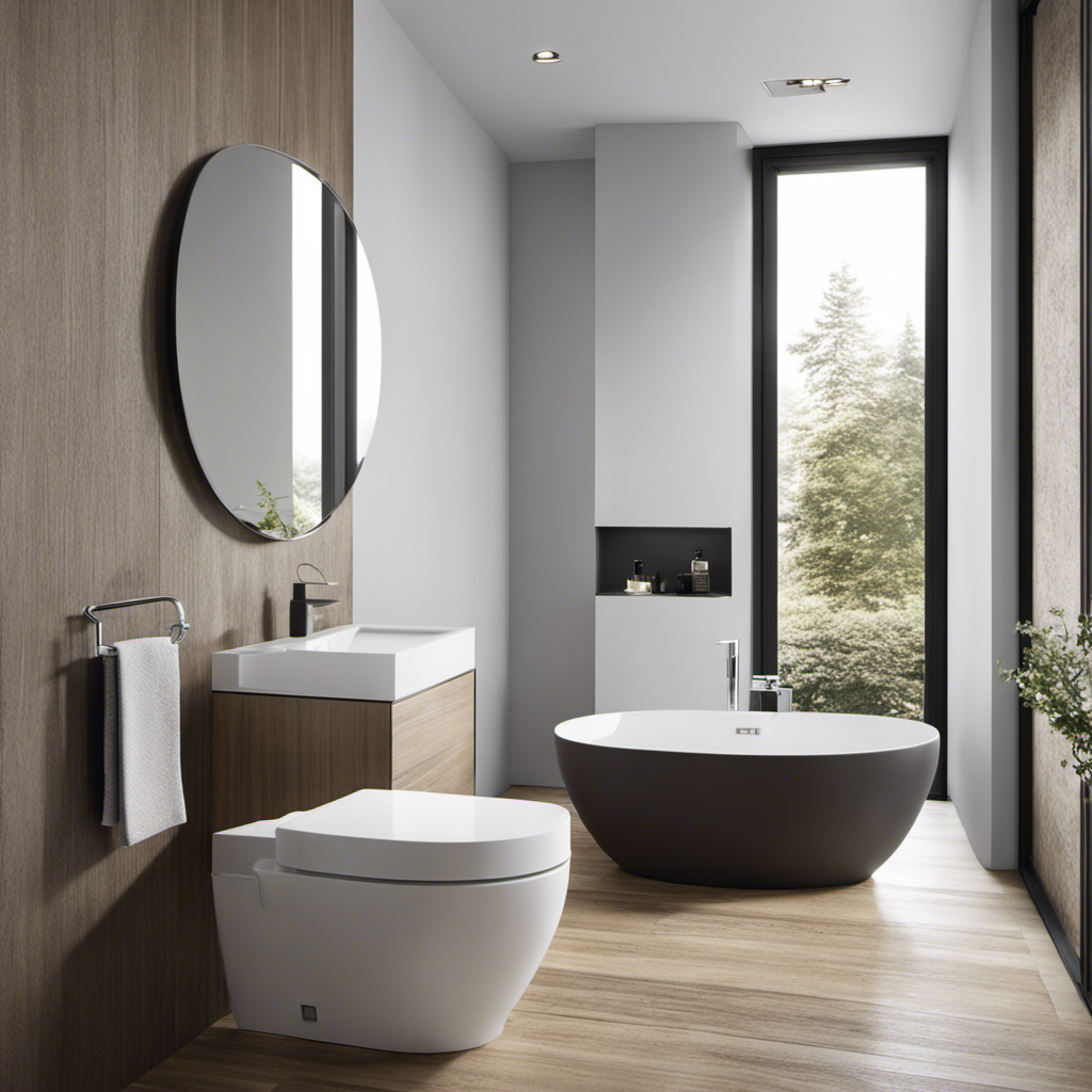 An image showcasing a modern bathroom with a minimalist design