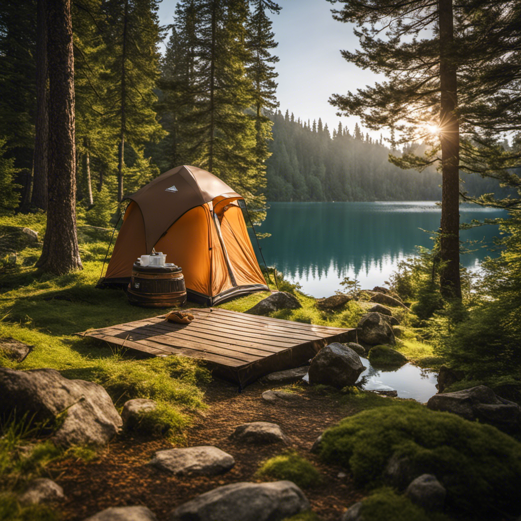 An image showcasing a serene campsite by a crystal-clear lake, surrounded by lush greenery
