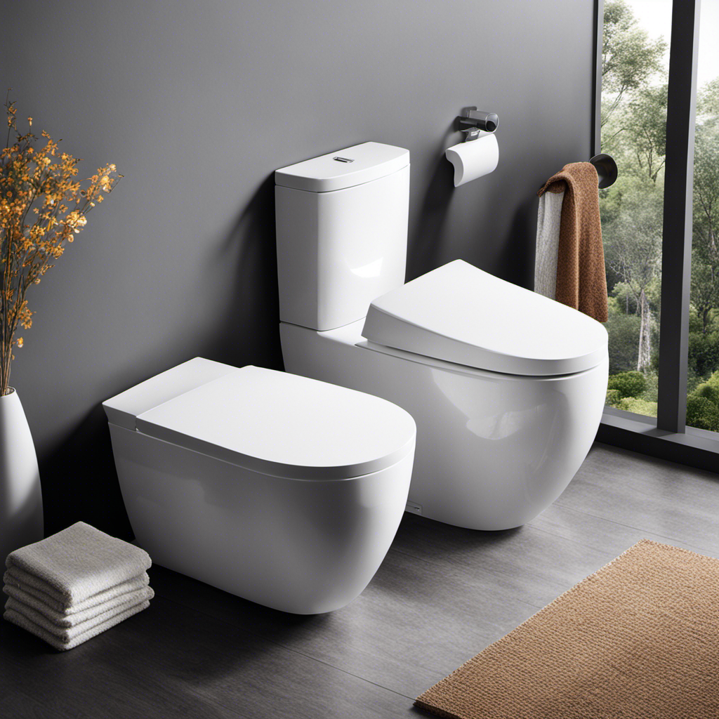 An image showcasing a contemporary bathroom with sleek, round toilets in various styles, including efficient dual-flush mechanisms, ergonomic seating for superior comfort, and a range of designer finishes to complement any decor