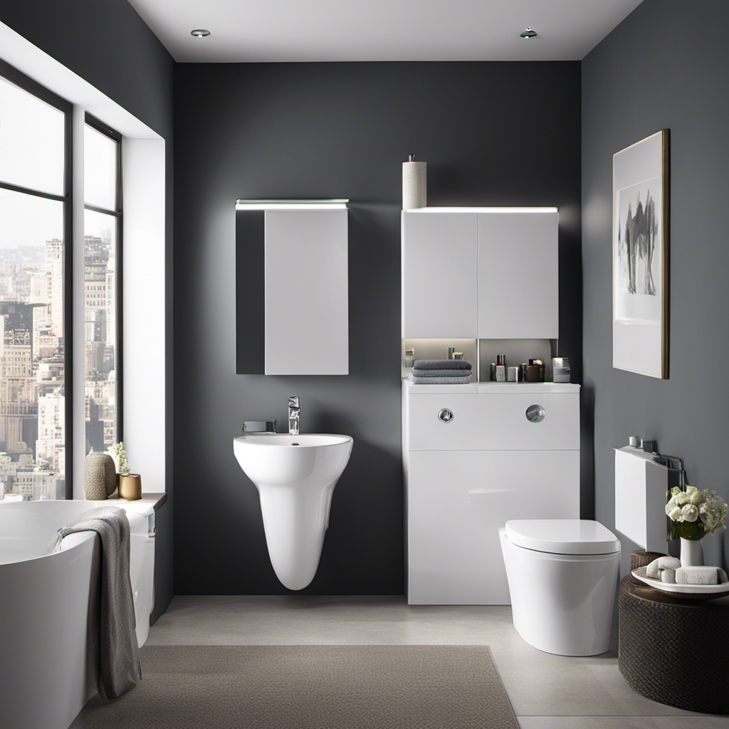 An image showcasing a sleek and space-saving bathroom with a contemporary shallow depth toilet