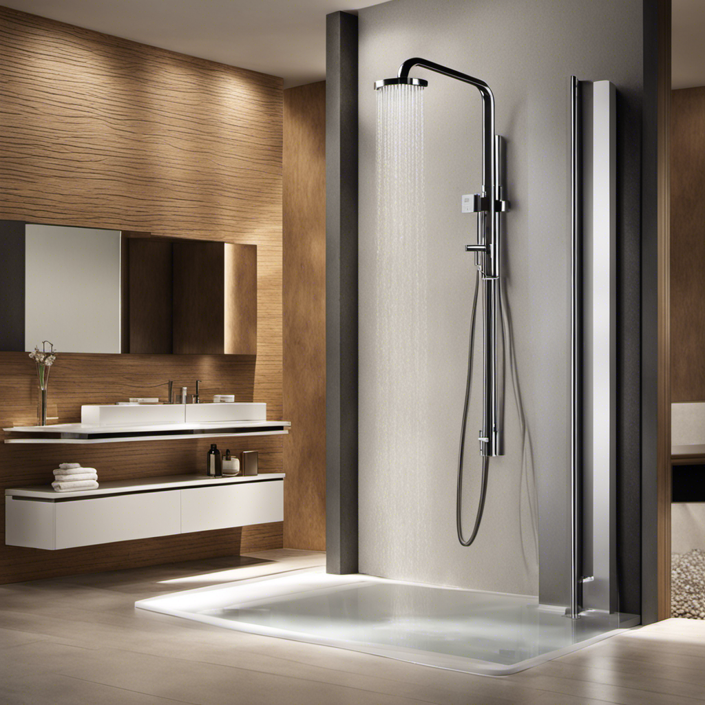 An image showcasing a luxurious bathroom shower with crystal-clear water cascading from a high-quality shower filter