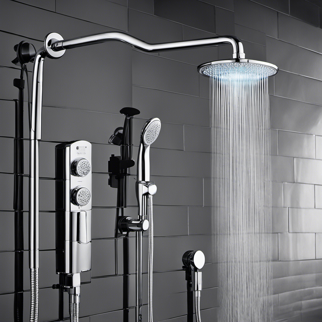 An image showcasing three electric shower heads side by side - one emitting a powerful, high-pressure stream; another with a built-in water filter; and the third featuring an innovative magnetic technology