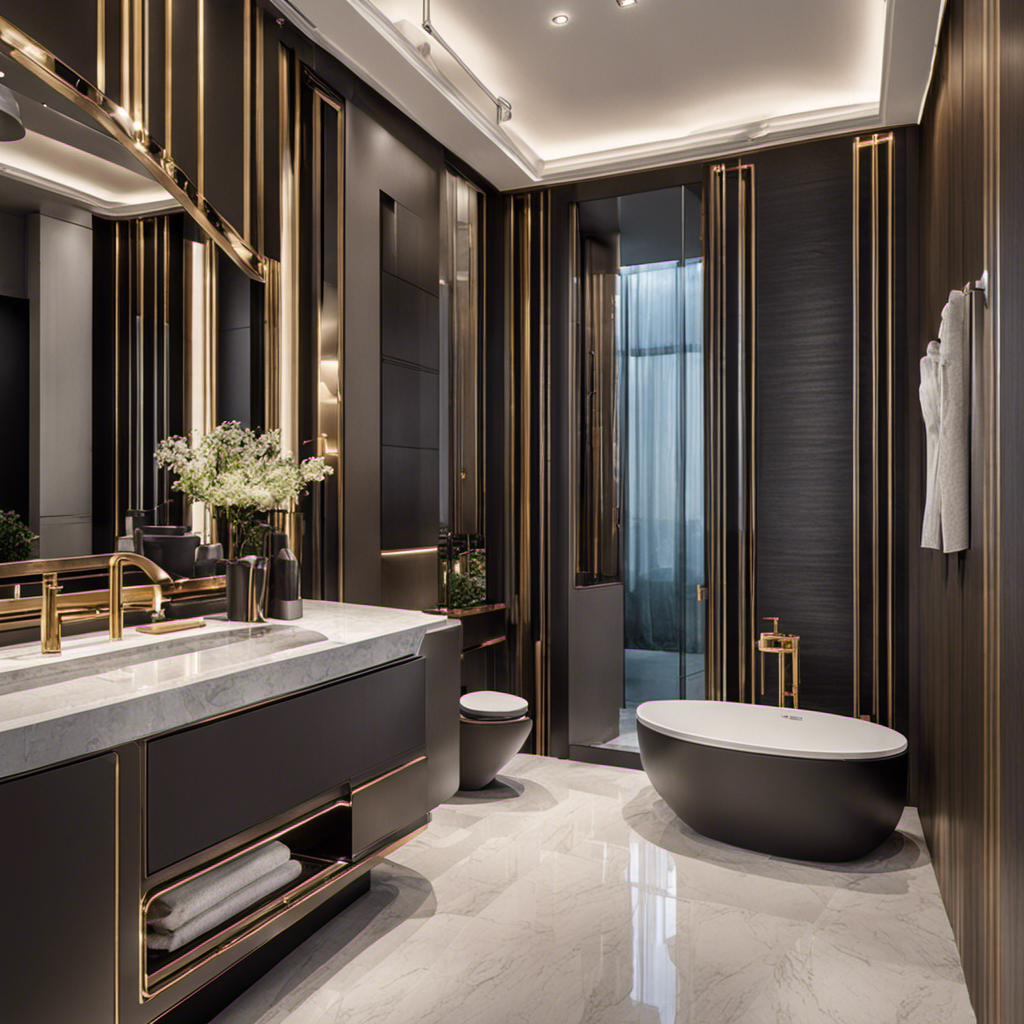 An image showcasing a lavish bathroom with a row of high-end toilets, each uniquely designed