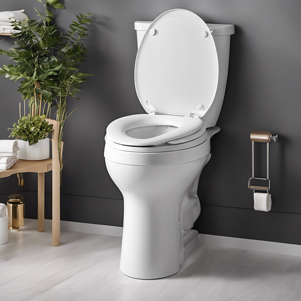 An image showcasing a modern, white toilet seat riser adorned with comfortable padding and ergonomic armrests, providing optimal support and ease of sitting for individuals seeking enhanced comfort and accessibility