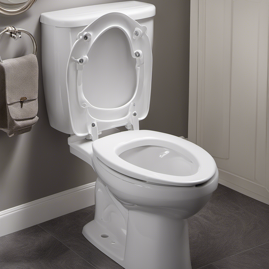 An image showcasing a sleek, ergonomic toilet seat with sturdy armrests and a raised height, perfectly accommodating the elderly