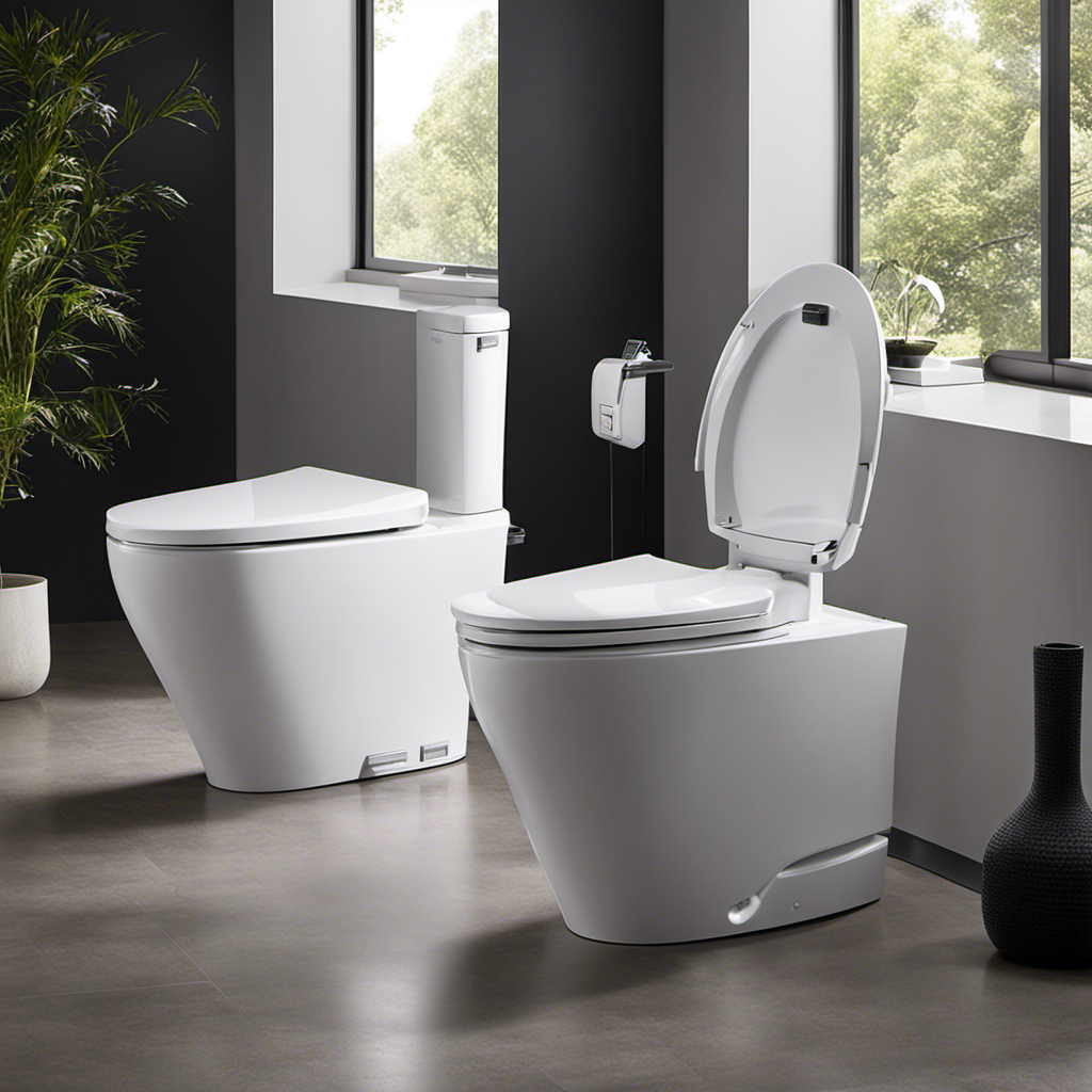 An image showcasing a sleek, modern TOTO toilet with a built-in bidet, heated seat, and LED lighting