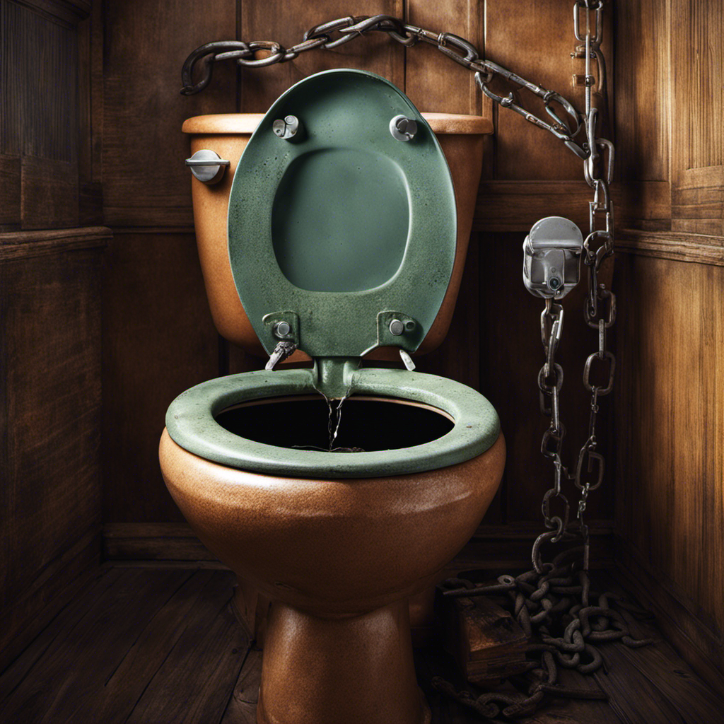 An image showcasing a close-up of a toilet tank, revealing a faulty fill valve with a worn-out rubber flapper, a tangled chain, and a clogged water supply valve