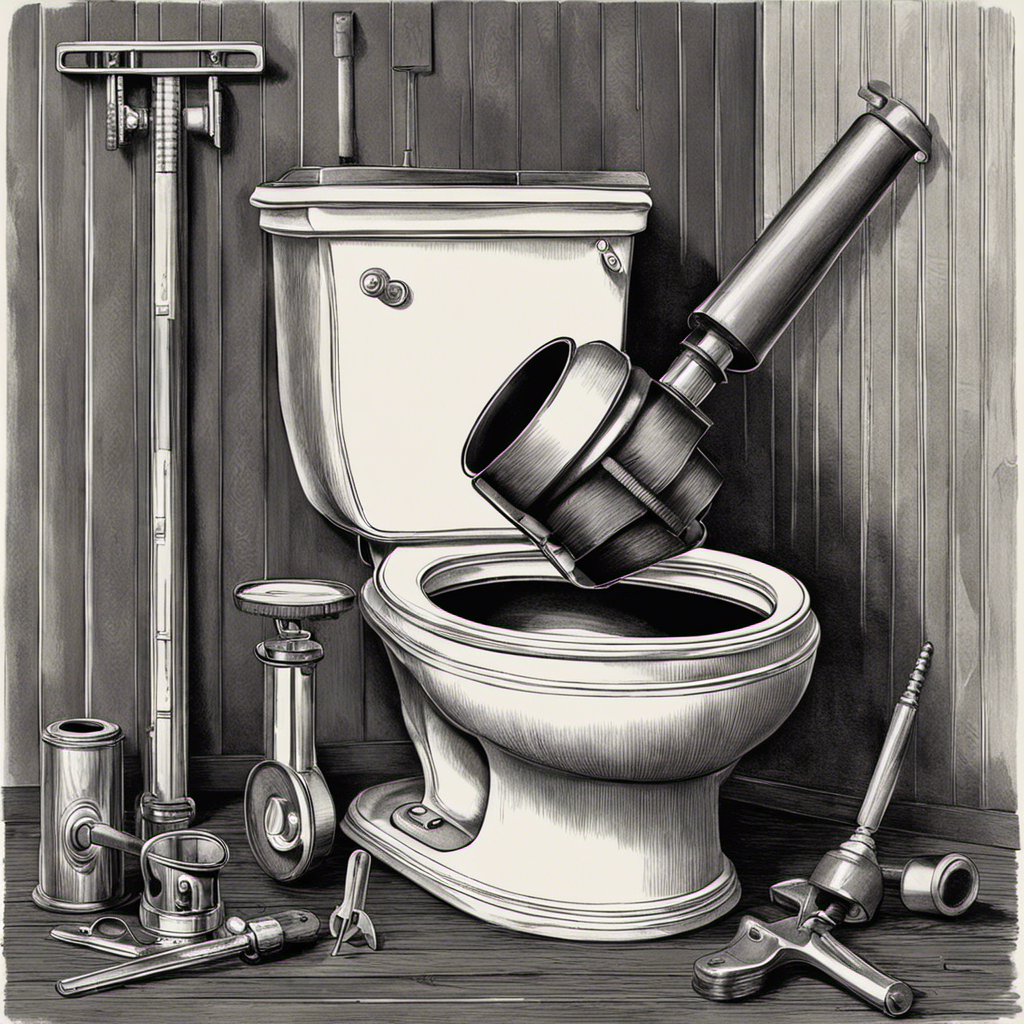 An image capturing a close-up view of a hand gripping a plunger, positioned above a partially dismantled toilet tank