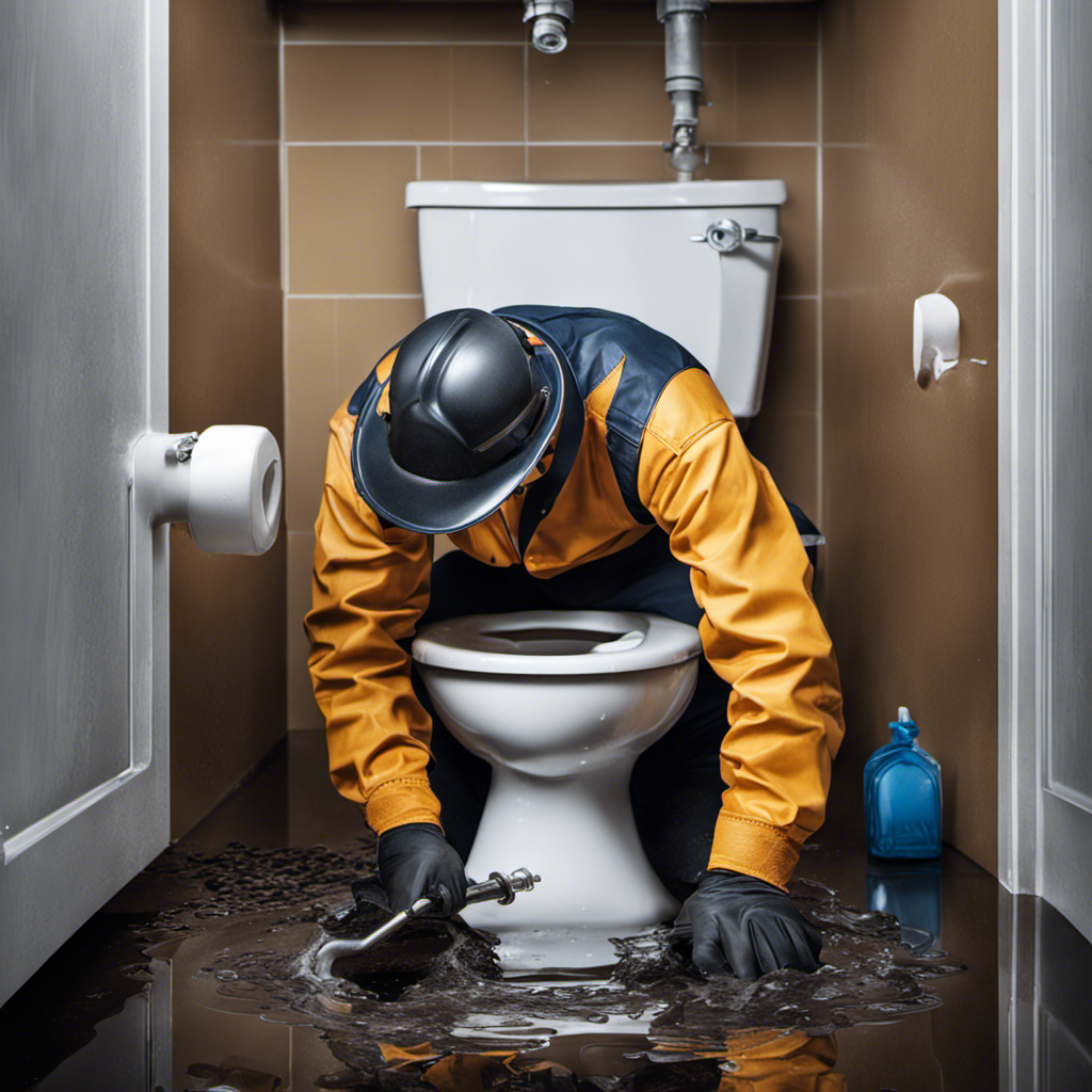An image showcasing a person wearing gloves and using a wrench to tighten a leaking pipe under a toilet