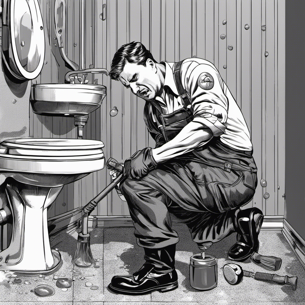 An image of a plumber wearing gloves, crouched next to a toilet, using a plunger to clear a clog while water gurgles out