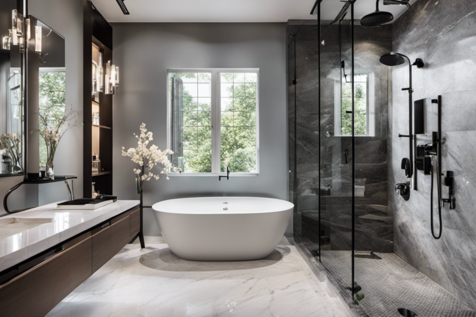 An image that showcases a modern, spacious bathroom with a sleek, standalone bathtub surrounded by luxurious marble tiles, contrasting with a sleek, glass-enclosed shower featuring rainfall showerheads and mosaic accents