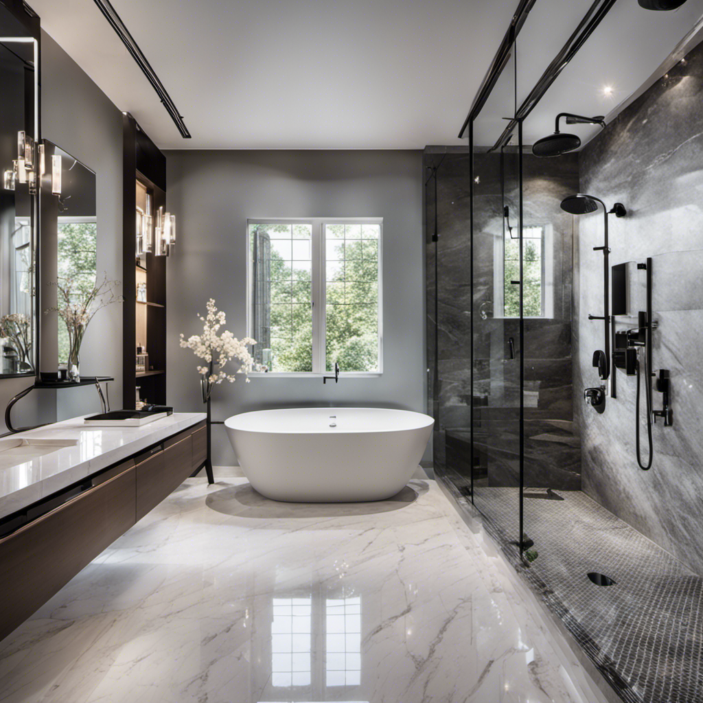 An image that showcases a modern, spacious bathroom with a sleek, standalone bathtub surrounded by luxurious marble tiles, contrasting with a sleek, glass-enclosed shower featuring rainfall showerheads and mosaic accents