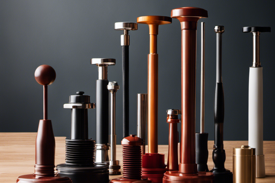 An image showcasing a variety of plungers with distinct features, such as a cup plunger, accordion plunger, and flange plunger, to visually convey the diverse options available for effective unclogging in a blog post