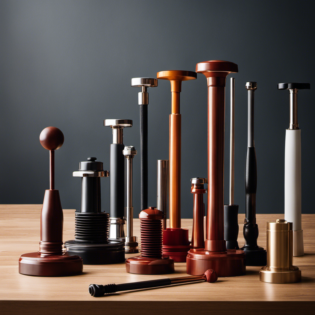 An image showcasing a variety of plungers with distinct features, such as a cup plunger, accordion plunger, and flange plunger, to visually convey the diverse options available for effective unclogging in a blog post