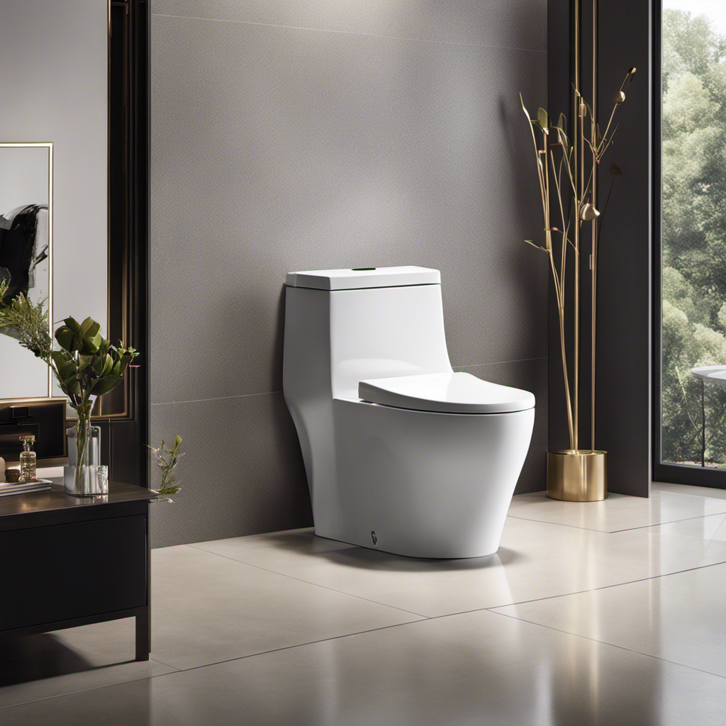 An image showcasing a spacious bathroom with a modern one-piece toilet installed against a sleek tiled wall