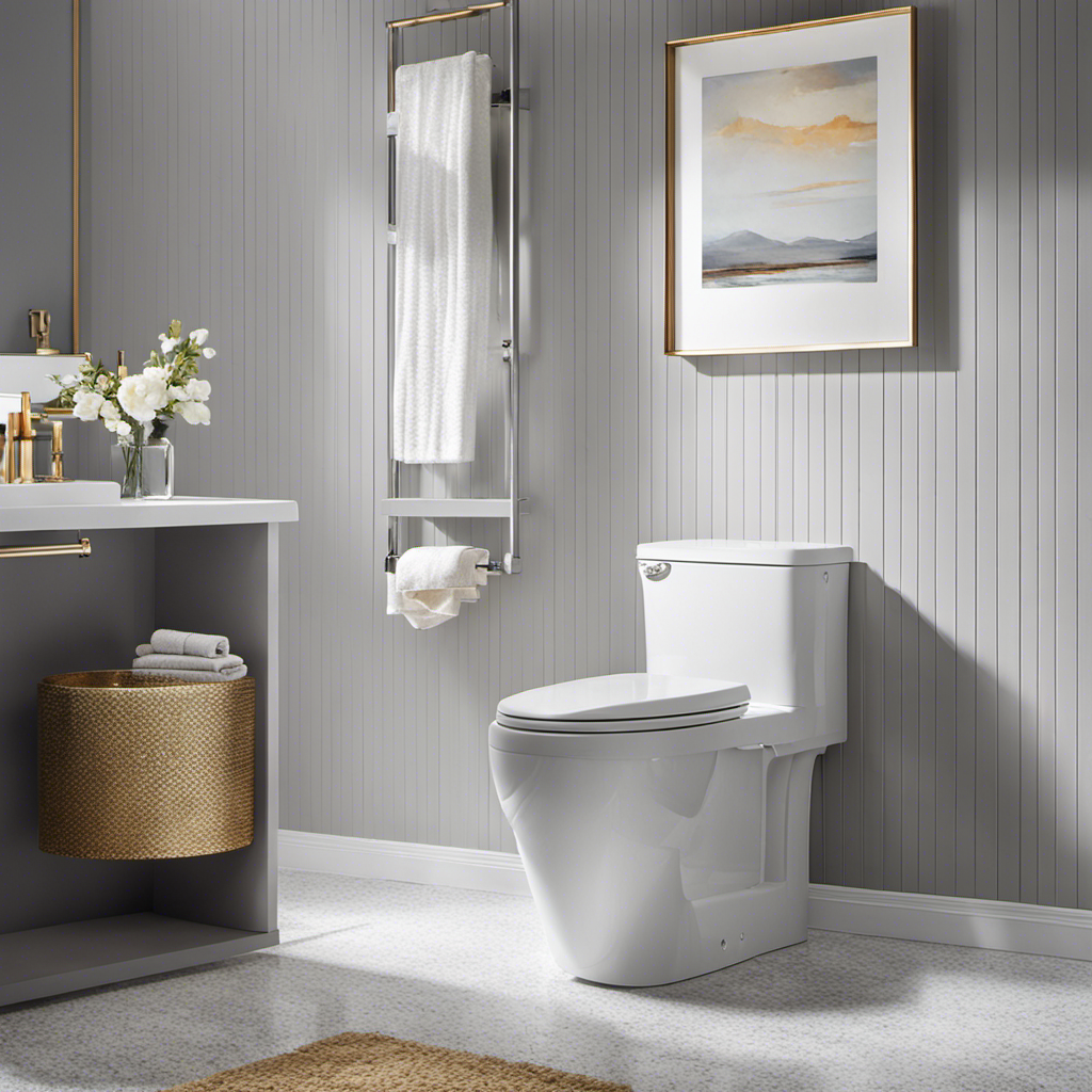 An image showcasing a sparkling, pristine toilet seat, glistening under the bright bathroom light