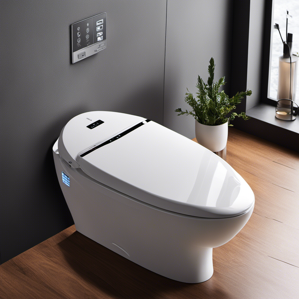 An image showcasing a modern Japanese toilet seat with a sleek, ergonomic design, featuring a control panel with various buttons for personalized bidet settings, heated seat, warm water wash, air dryer, and self-cleaning functions