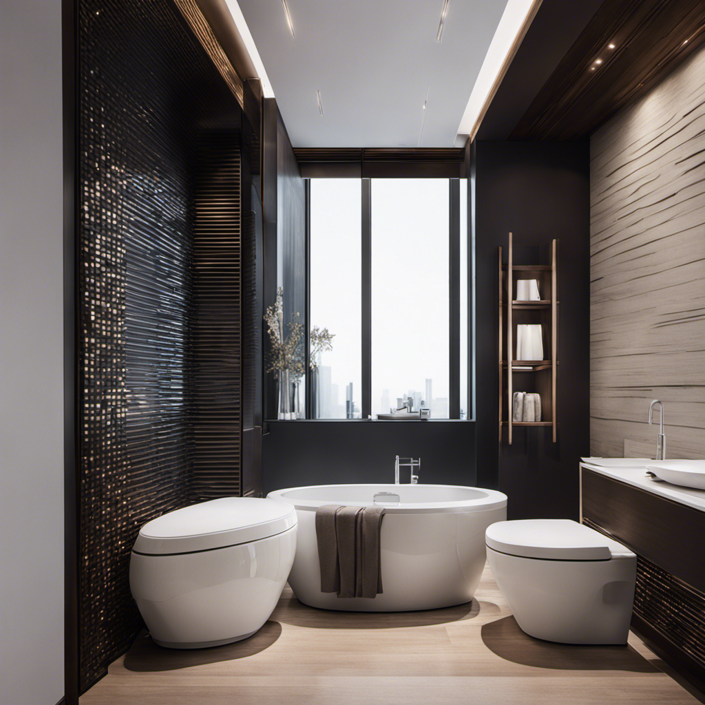 An image showcasing a modern bathroom with a smart toilet as its centerpiece