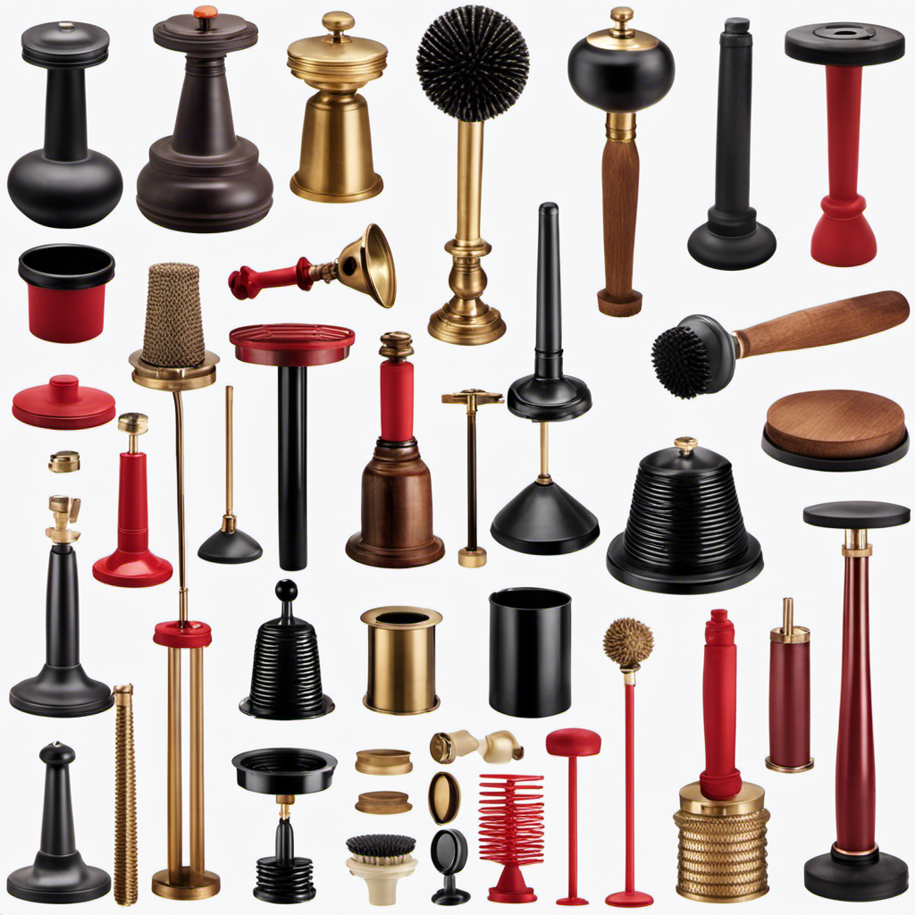 An image showcasing a variety of toilet plungers, including the classic cup plunger, flange plunger, accordion plunger, and more, arranged neatly on a clean white background