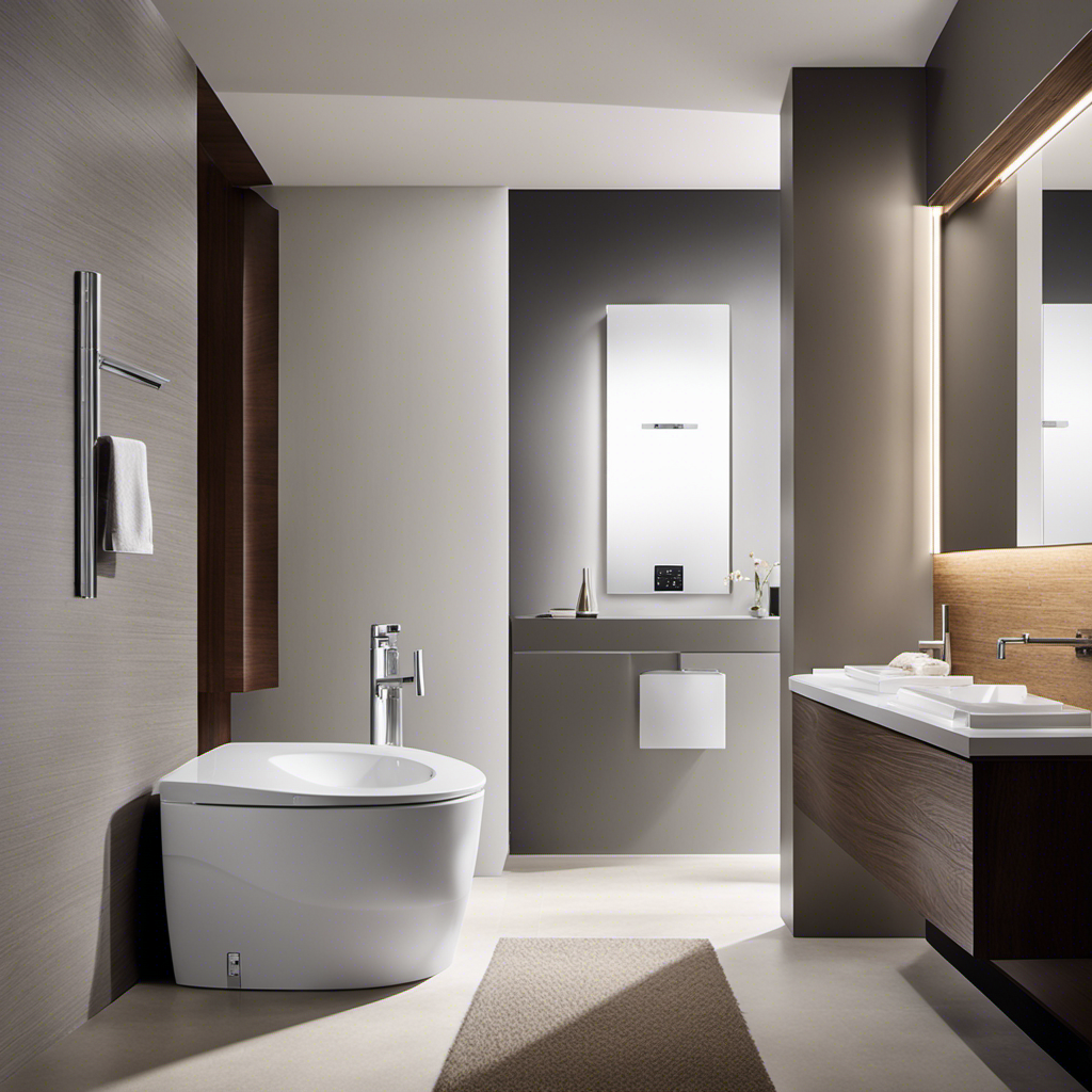 An image showcasing a sleek, modern bathroom with a TOTO Washlet installed, featuring its adjustable cleansing settings, warm water spray, heated seat, and air dryer, exemplifying the cutting-edge technology and luxury of the product