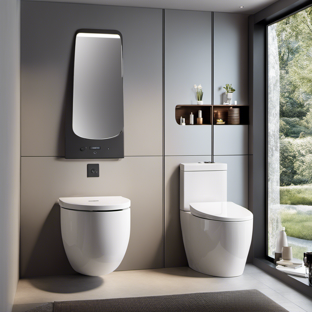 An image showcasing a sleek, contemporary bathroom with a compact tankless toilet seamlessly integrated into the wall