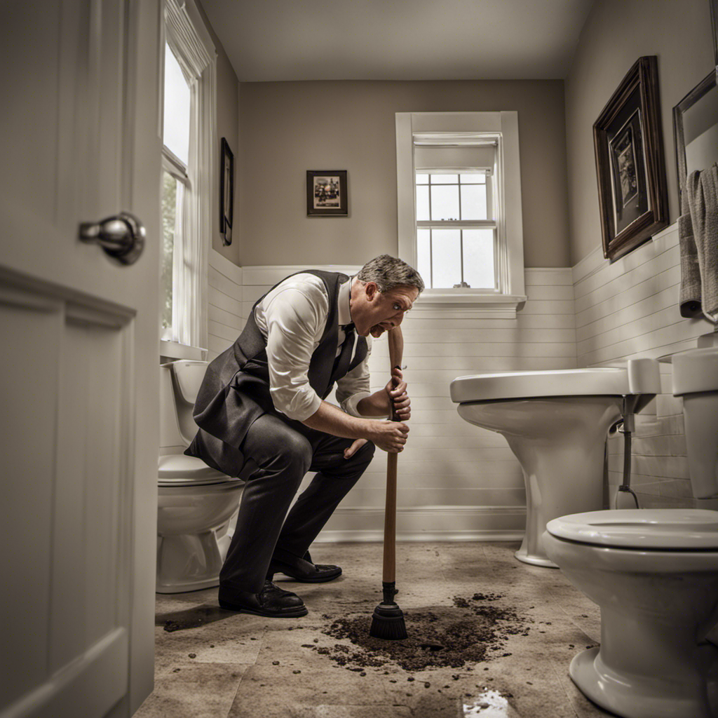 An image featuring a frustrated person in a bathroom, holding a plunger with a defeated expression