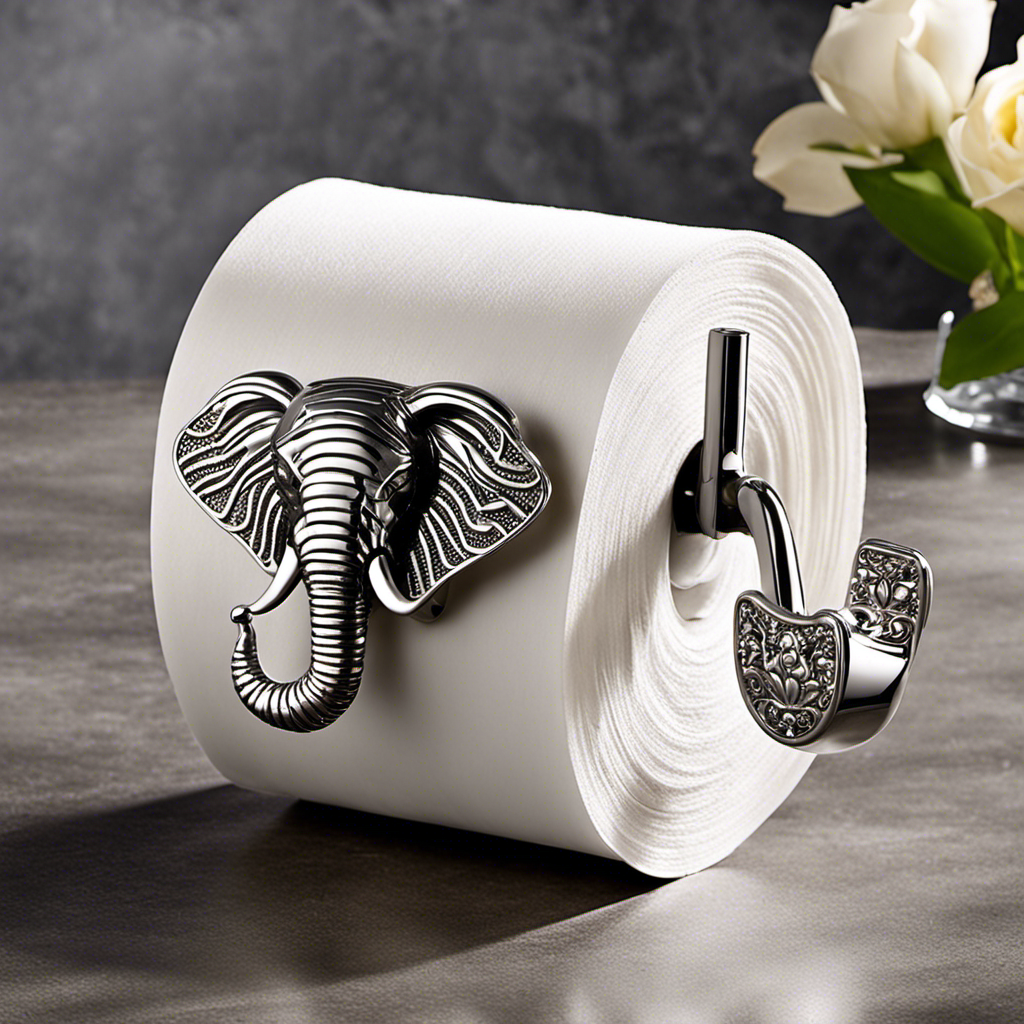 An image showcasing a bathroom with a quirky charm: a sleek, chrome toilet paper holder disguised as a majestic elephant, its trunk holding the roll, adding a touch of whimsy to any restroom