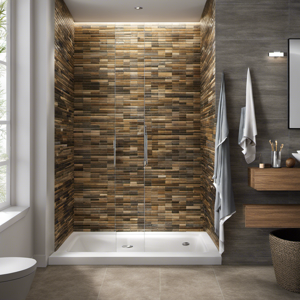 An image showcasing a shower stall with peel and stick tiles installed on the walls