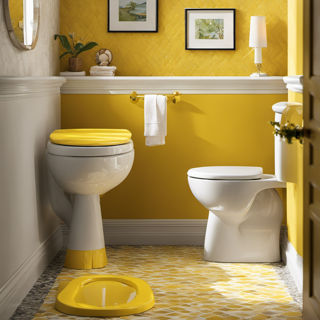 An image showcasing two vibrant sunlight yellow toilet seats side by side, reflecting rays of sunshine