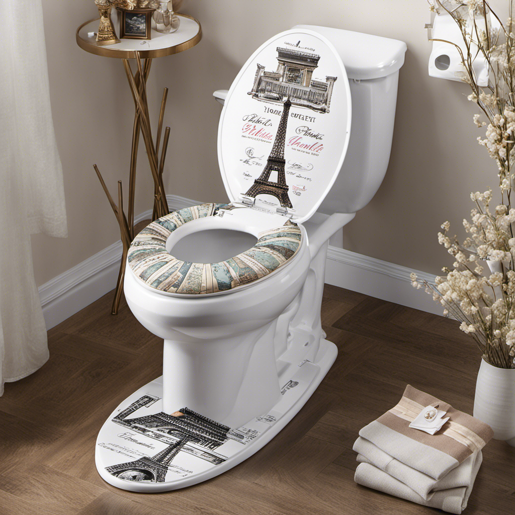 An image showcasing a chic oval toilet seat, with an intricate vintage Paris design