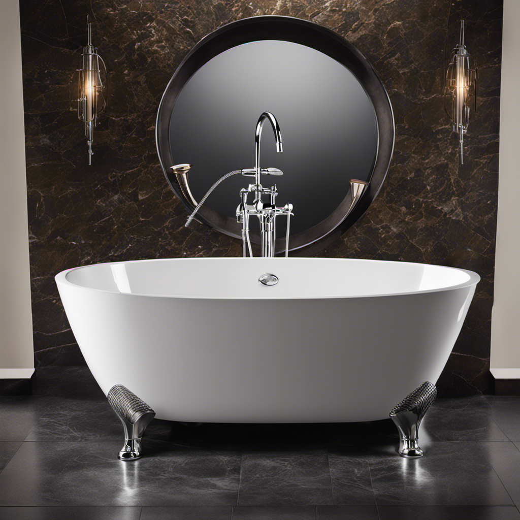 An image showcasing the intricate anatomy of a bathtub, highlighting its essential components like the spout, drain plug, overflow, faucet handles, water jets, and surrounding tiles