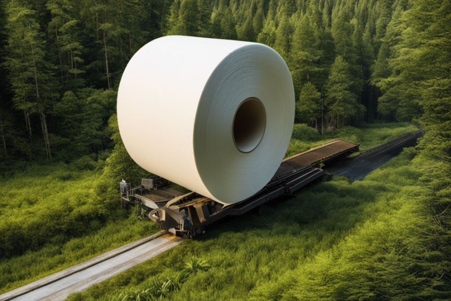 An image showcasing the manufacturing process of toilet paper, starting from the felling of trees in lush forests, to the pulp production, rolling, and packaging, highlighting the transformation of raw materials into the essential bathroom product