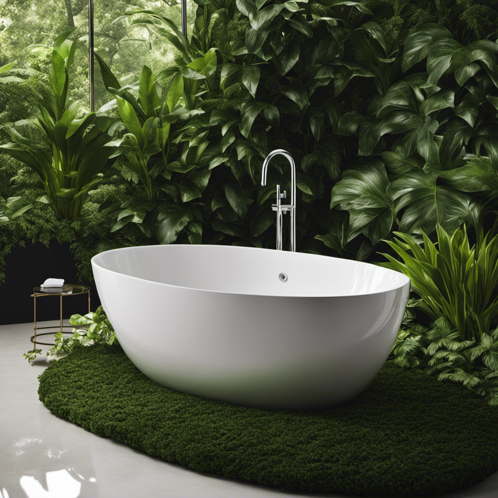 An image featuring a luxurious, sleek bathtub with a glossy white porcelain finish, perfectly complemented by a modern chrome faucet and surrounded by a backdrop of lush green plants, exuding a sense of tranquility and elegance