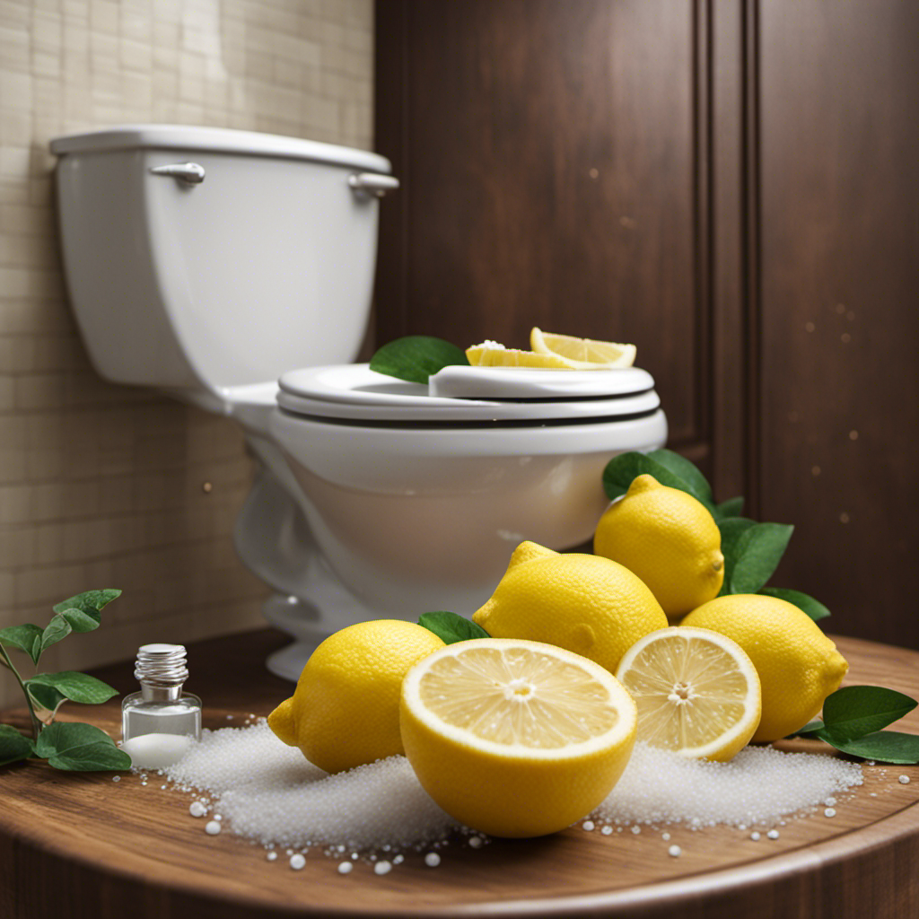 An image showcasing a serene bathroom scene with a close-up view of a sparkling toilet bowl filled with natural remedies like lemon slices, vinegar, and baking soda, actively breaking down poop