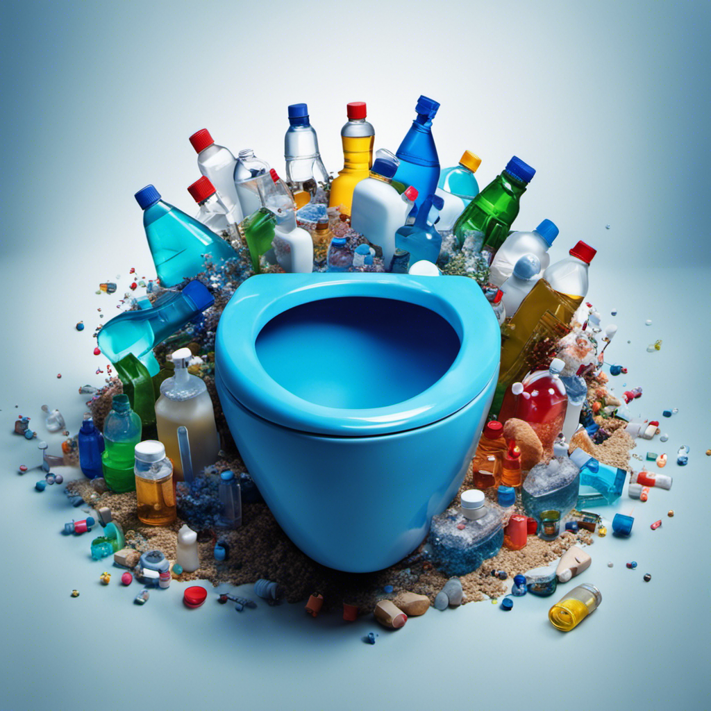 An image that showcases a toilet bowl filled with vibrant blue water, surrounded by various chemicals and disinfectant bottles