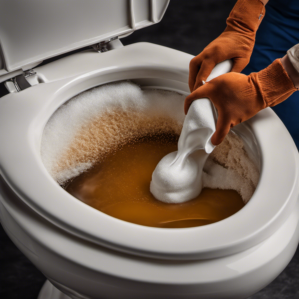An image showcasing a close-up of a gloved hand pouring a powerful homemade mixture of baking soda and vinegar into a clogged toilet, with foam bubbling up, demonstrating an effective unclogging method